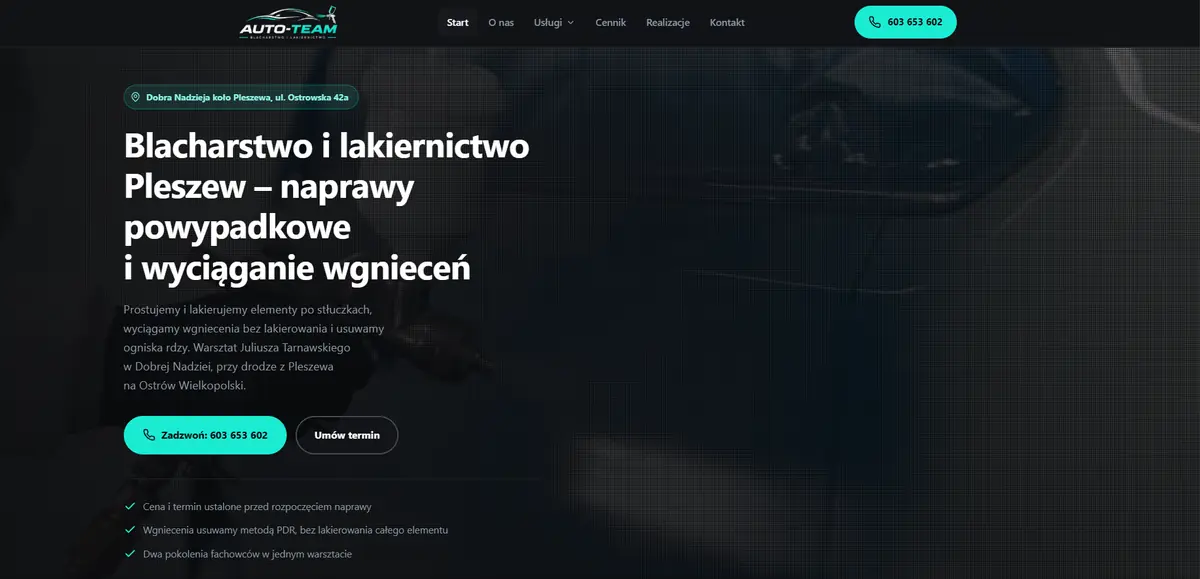 Strona główna autoteam-pleszew.pl: nagłówek „Blacharstwo i lakiernictwo Pleszew” z przyciskiem „Zadzwoń” i numerem telefonu