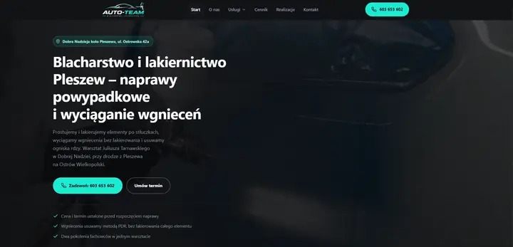 Strona główna autoteam-pleszew.pl z nagłówkiem „Blacharstwo i lakiernictwo Pleszew” i przyciskiem „Zadzwoń”